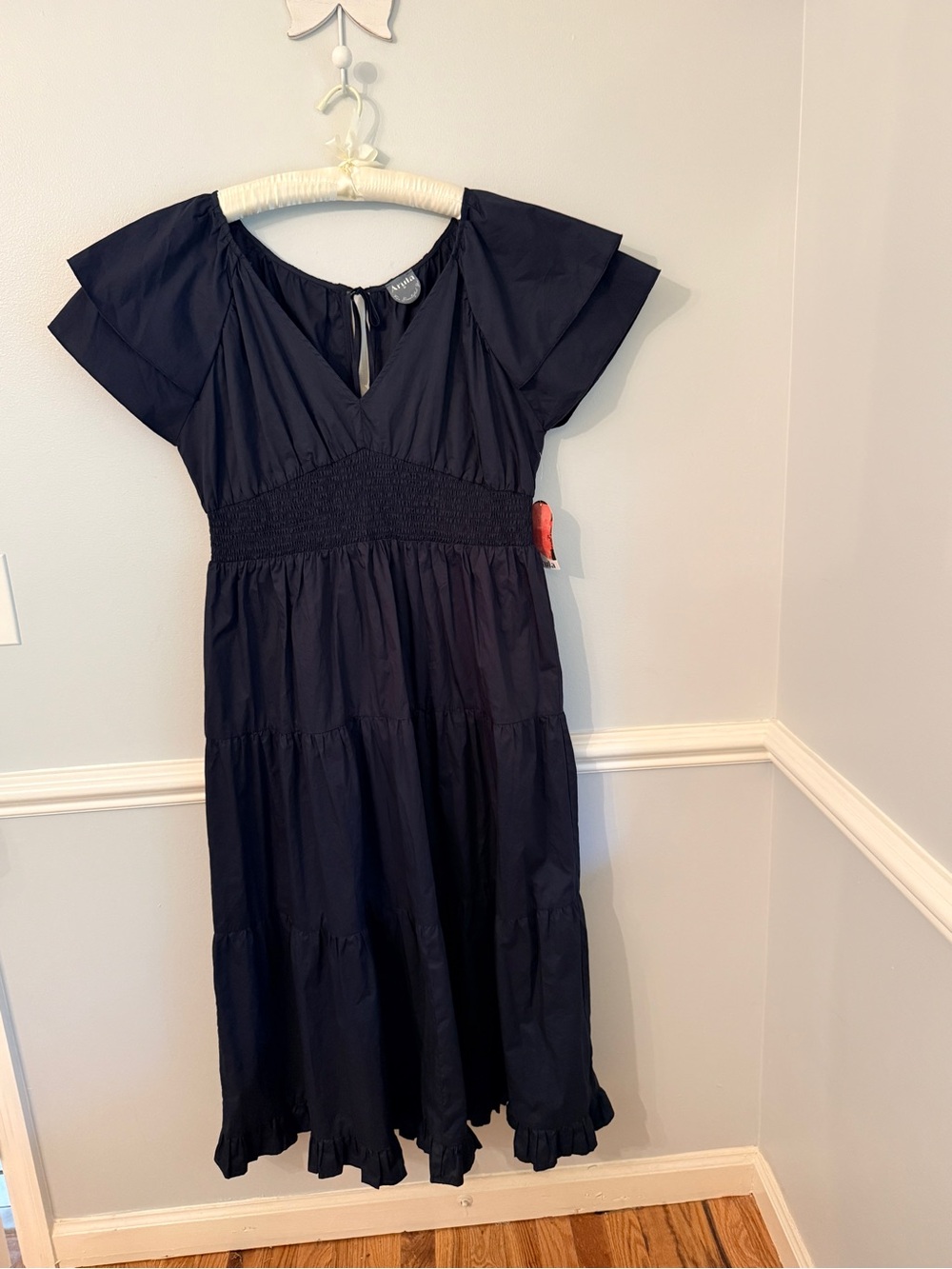 Arula Navy Tiered Midi Dress Smocked Waist Flutter Sleeve 2X NWT - Picture 6 of 12